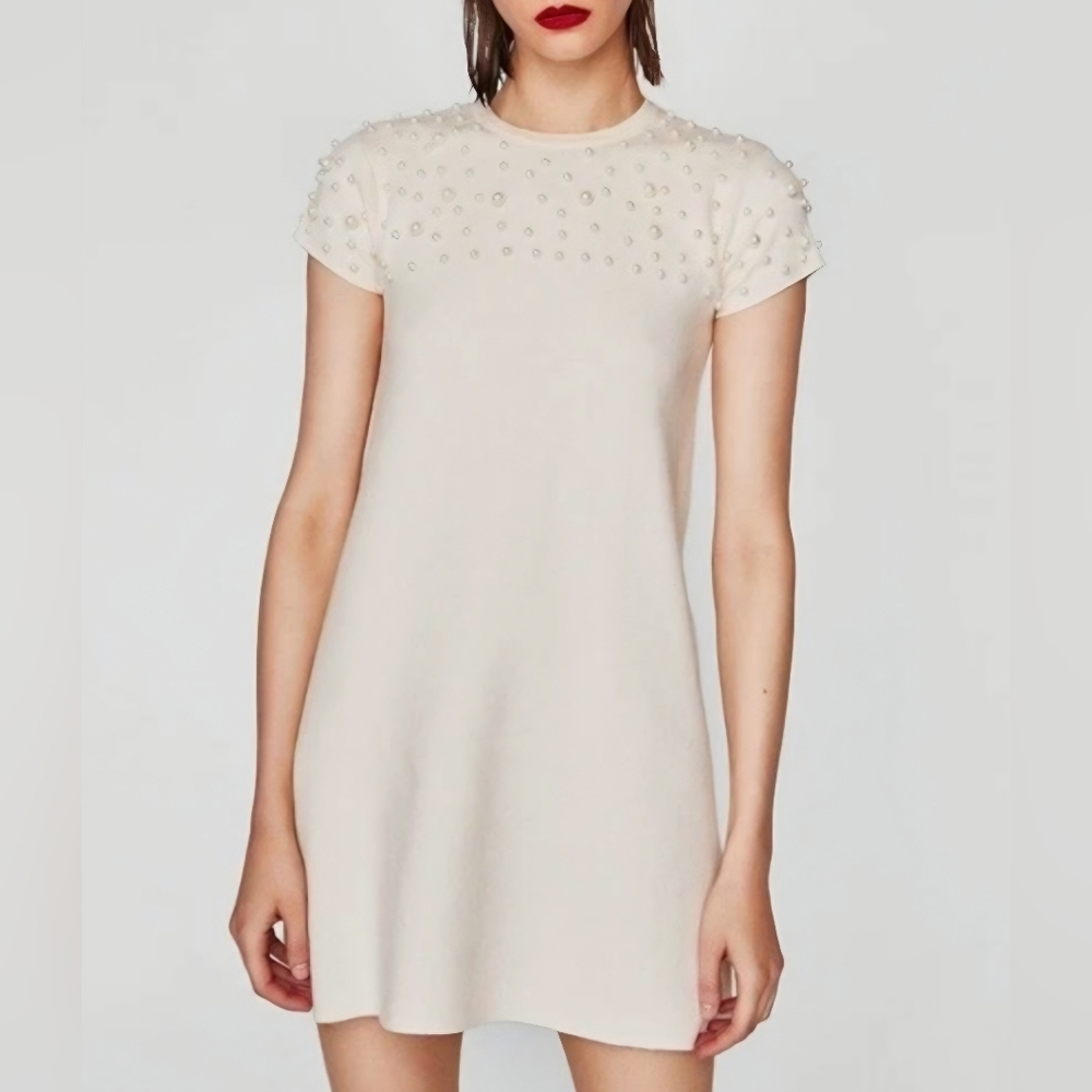 Zara Ivory Cream White Short Cap Sleeve Pearl Shift Knit Dress RARE (Sz S) - Picture 2 of 7